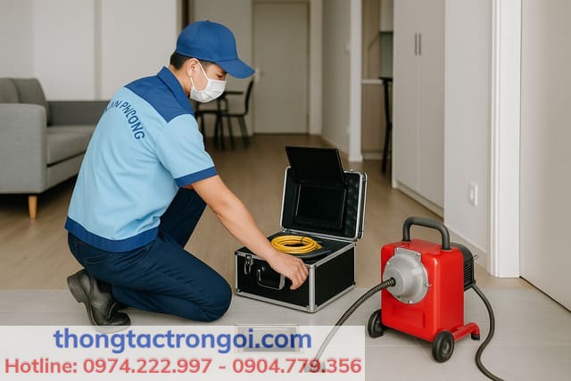 Kỹ thuật viên chuẩn bị thiết bị thông tắc tại căn hộ chung cư, gọn gàng – không đục phá