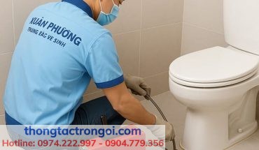 Máy lò xo thông cống chuyên dụng đang thi công trong phòng vệ sinh chung cư, không gây ồn