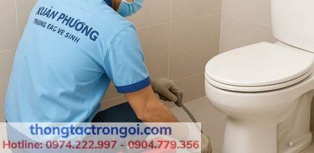 Máy lò xo thông cống chuyên dụng đang thi công trong phòng vệ sinh chung cư, không gây ồn