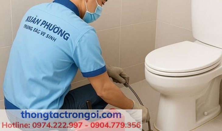 Máy lò xo thông cống chuyên dụng đang thi công trong phòng vệ sinh chung cư, không gây ồn