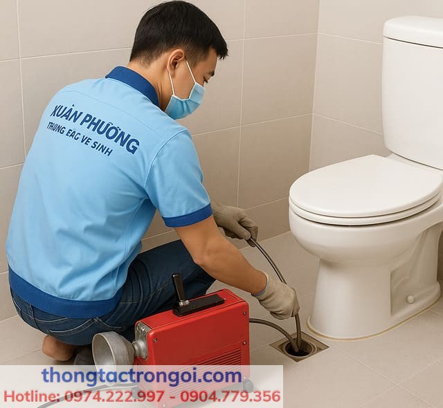 Máy lò xo thông cống chuyên dụng đang thi công trong phòng vệ sinh chung cư, không gây ồn