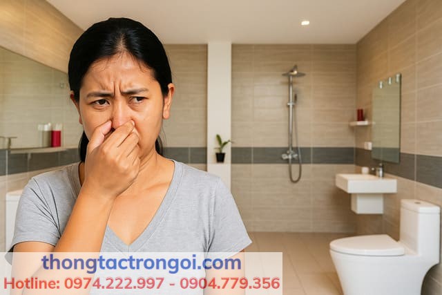 Nhà vệ sinh chung cư bị bốc mùi do bể phốt đầy, cần xử lý kịp thời