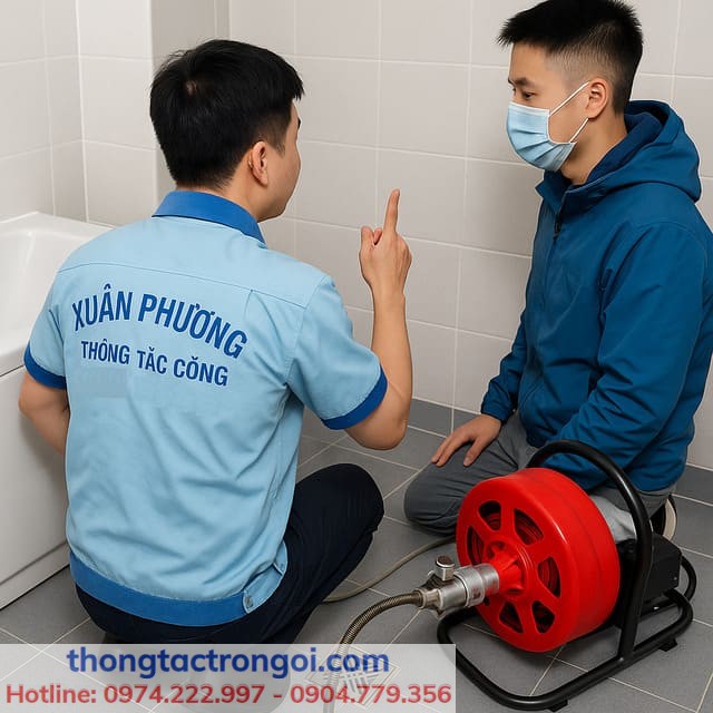 Quy trình thông tắc cống chung cư tại Xuân Phương – kỹ thuật viên thi công, khách kiểm tra cùng