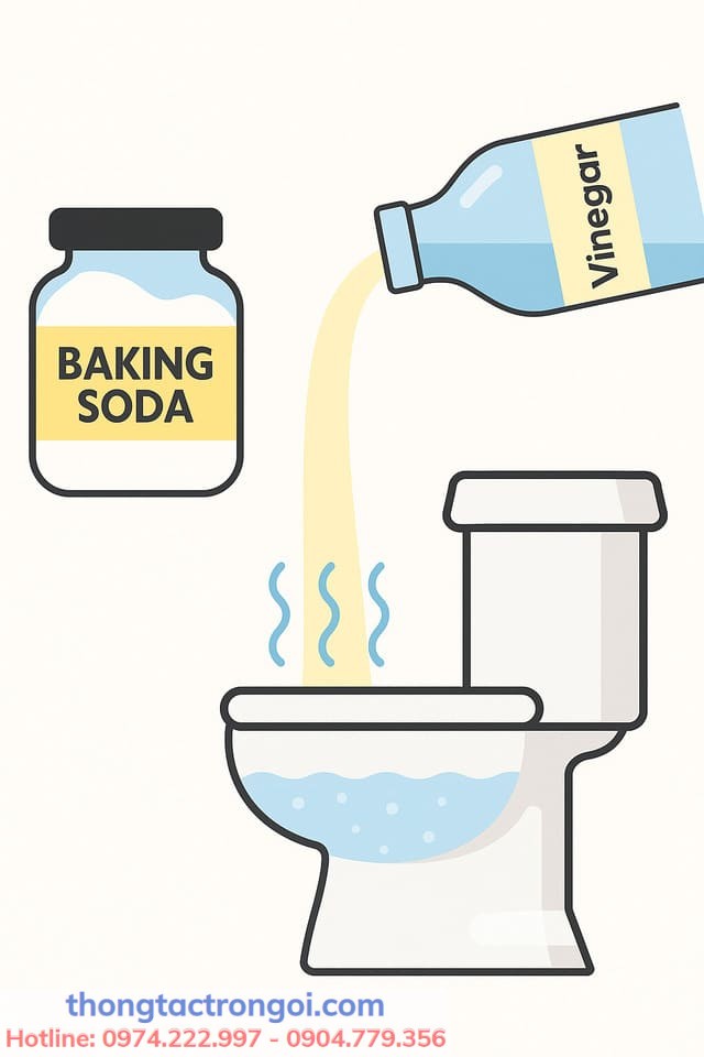 Baking soda và giấm trắng đang phản ứng sủi bọt làm sạch bồn cầu