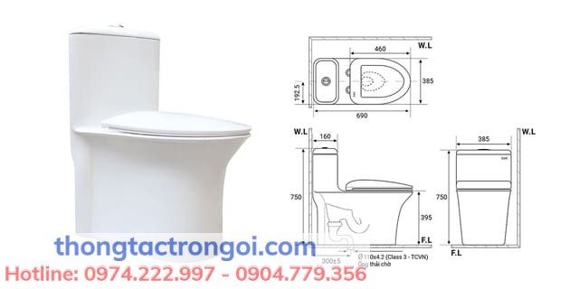 Bồn cầu 1 khối liền mạch với kích thước tiêu chuẩn