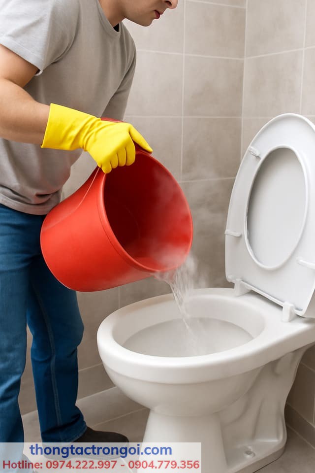 Đổ nước nóng đúng cách để thông bồn cầu bị nghẹt nhẹ