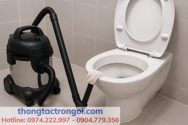 Thông bồn cầu bị tắc vật cứng bằng máy hút bụi công suất lớn