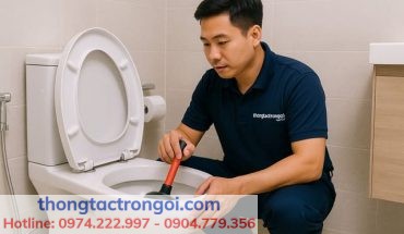 Kỹ thuật viên thongtactrongoi.com kiểm tra bồn cầu bị tắc