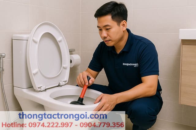Kỹ thuật viên thongtactrongoi.com kiểm tra bồn cầu bị tắc
