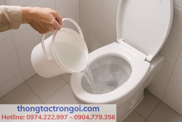 Thêm nước nóng để hỗ trợ thông bồn cầu bằng nước rửa chén