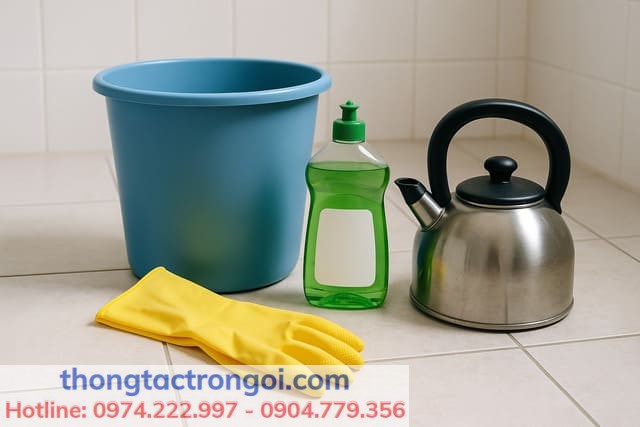 Dụng cụ chuẩn bị thông bồn cầu bằng nước rửa chén tại nhà