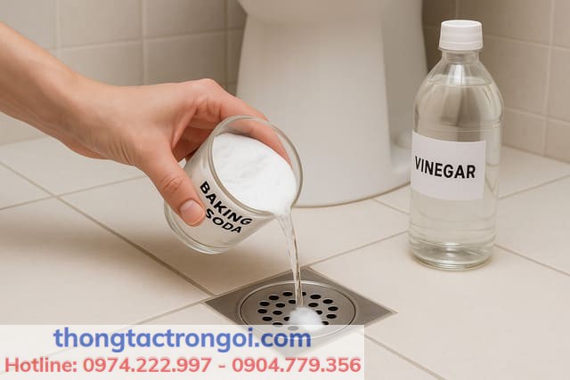 Cách xử lý mùi hôi nhà vệ sinh chung cư bằng baking soda và giấm.