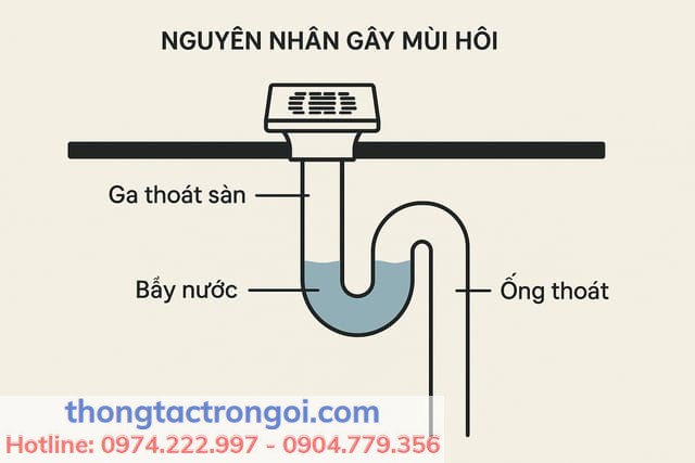 Nguyên nhân mùi hôi nhà vệ sinh chung cư do ga thoát sàn, bẫy nước khô, ống thoát nước.