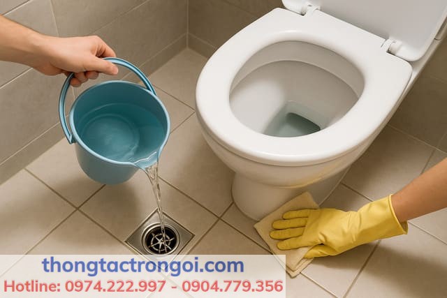 Cách phòng ngừa mùi hôi nhà vệ sinh chung cư bằng vệ sinh định kỳ và duy trì bẫy nước.