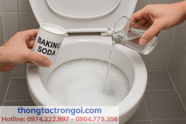Đổ baking soda và giấm ăn vào bồn cầu để tạo phản ứng sủi bọt.