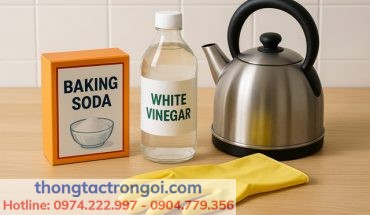 Nguyên liệu thông tắc bồn cầu bằng baking soda và giấm ăn.