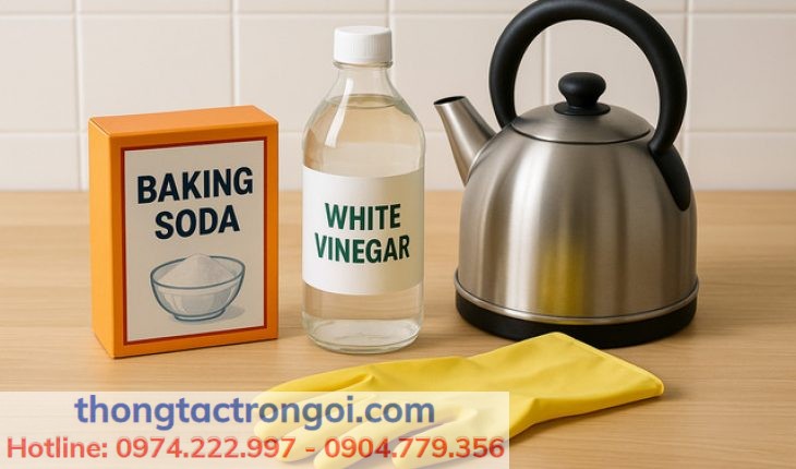 Nguyên liệu thông tắc bồn cầu bằng baking soda và giấm ăn.
