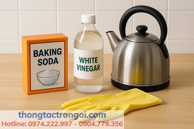 Nguyên liệu thông tắc bồn cầu bằng baking soda và giấm ăn.