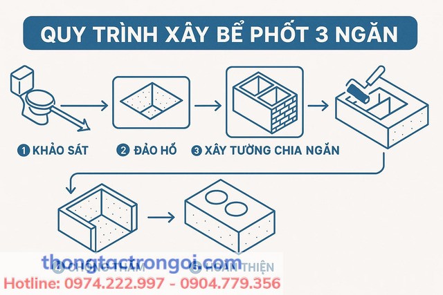 Sơ đồ quy trình cách xây bể phốt chuẩn kỹ thuật 3 ngăn