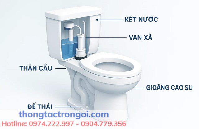 Cấu tạo các bộ phận chính của bồn cầu – két nước, thân cầu, đế thải, gioăng cao su