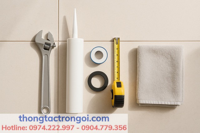 Dụng cụ cần có khi lắp đặt bồn cầu: mỏ lết, thước đo, keo silicon, băng tan