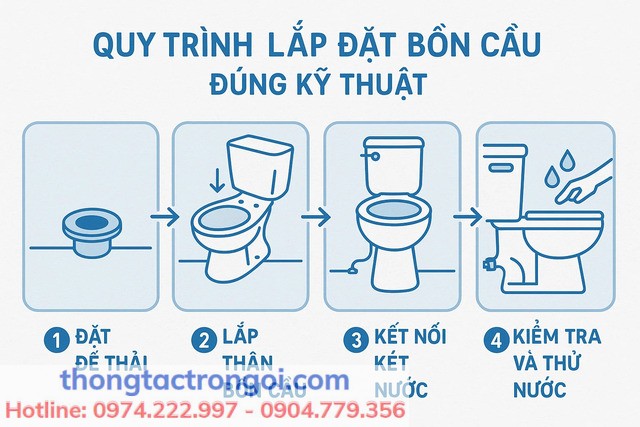 Các bước lắp đặt bồn cầu đúng kỹ thuật – đặt đế thải, lắp thân cầu, kết nối két nước