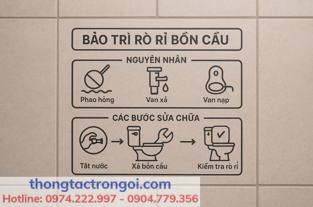 Bảng chẩn đoán các lỗi bồn cầu bị rỉ nước gồm nguyên nhân, cách khắc phục và khi cần gọi thợ.