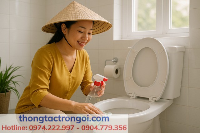 Người phụ nữ dùng giấm trắng và khăn mềm vệ sinh két nước bồn cầu để phòng ngừa rò rỉ.