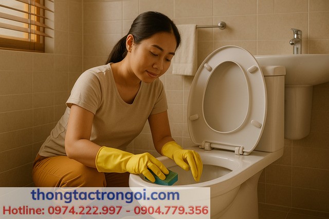 Người nội trợ đang vệ sinh két nước và lỗ xả bồn cầu định kỳ để giữ lực xả mạnh và sạch.