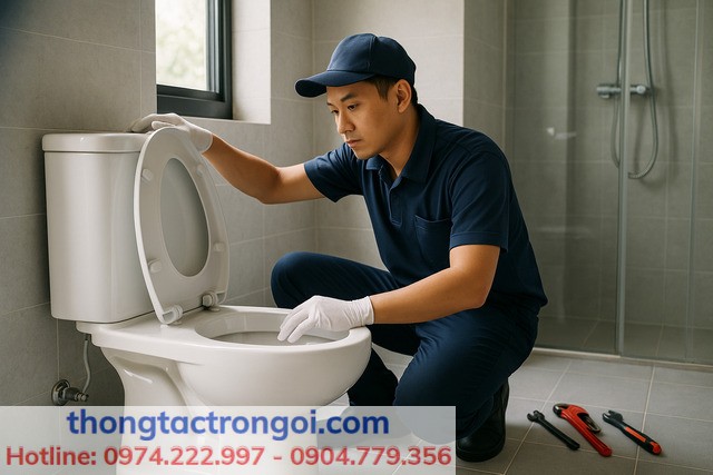 Kỹ thuật viên Bình Minh đang kiểm tra bồn cầu bị nghẹt hơi trong phòng tắm