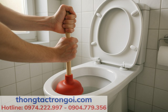 Người dùng đang dùng pít-tông cao su để thông bồn cầu bị nghẹt, thao tác đúng kỹ thuật.