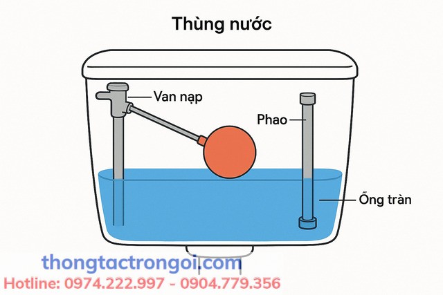 Cấu tạo chi tiết phao bồn cầu gồm van nạp, ống tràn và gioăng cao su trong két nước