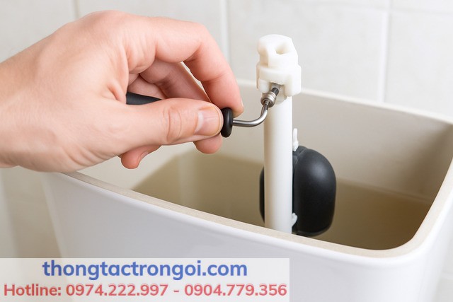 Người dùng đang chỉnh vít nhựa trên phao dạng cây của bồn cầu INAX để tiết kiệm nước.