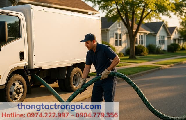 Xe hút bể phốt của Thông tắc Xuân Phương đang làm việc tại khu dân cư Hà Nội.