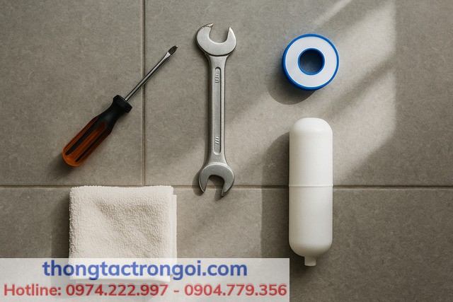 Bộ dụng cụ sửa phao bồn cầu gồm tua vít, mỏ lết, băng tan và phao thay thế
