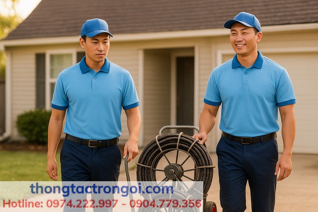 Đội kỹ thuật Thông tắc Xuân Phương mang theo thiết bị thông tắc hiện đại đến nhà khách