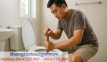 Người dùng đang dùng pittong cao su để xử lý bồn cầu bị nghẹt hơi tại nhà.