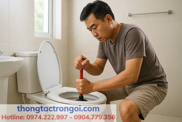 Người dùng đang dùng pittong cao su để xử lý bồn cầu bị nghẹt hơi tại nhà.