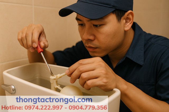 Thợ sửa bồn cầu Xuân Phương đang điều chỉnh cần phao trong két nước bằng tua vít.