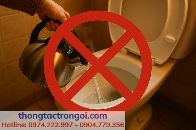 Cảnh báo không đổ nước sôi trực tiếp vào bồn cầu vì dễ gây nứt sứ.