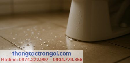 Cận cảnh sàn nhà vệ sinh ẩm quanh chân bồn cầu, nước đọng thành vệt nhỏ