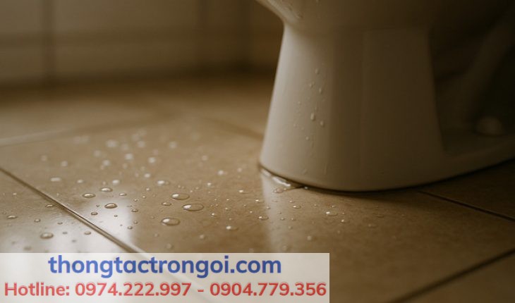Cận cảnh sàn nhà vệ sinh ẩm quanh chân bồn cầu, nước đọng thành vệt nhỏ