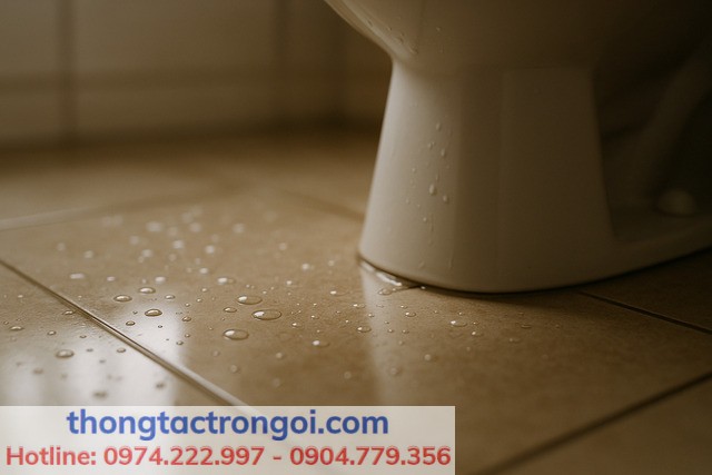 Cận cảnh sàn nhà vệ sinh ẩm quanh chân bồn cầu, nước đọng thành vệt nhỏ