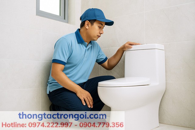 Người kỹ thuật viên Thông tắc Xuân Phương đang kiểm tra bồn cầu xả nước không xoáy