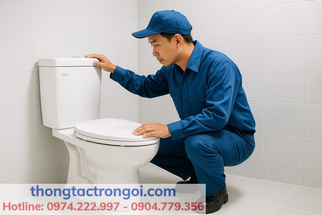 Kỹ thuật viên Xuân Phương kiểm tra phao và van nạp trước khi tiến hành sửa.