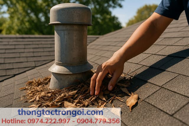 Ống thông hơi trên mái nhà bị tắc bởi lá cây và bụi bẩn