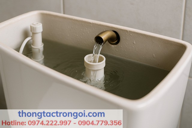 Cận cảnh két nước bồn cầu bị rò nước liên tục do phao đặt sai vị trí.