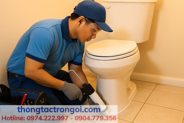 Thợ sửa bồn cầu Xuân Phương đang thay đệm sáp và trám keo chân bồn cầu bị rỉ nước.