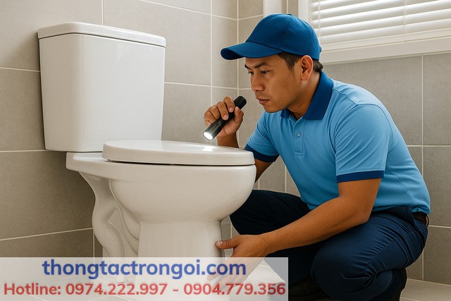 Người thợ Xuân Phương kiểm tra bồn cầu bị rỉ nước tại nhà