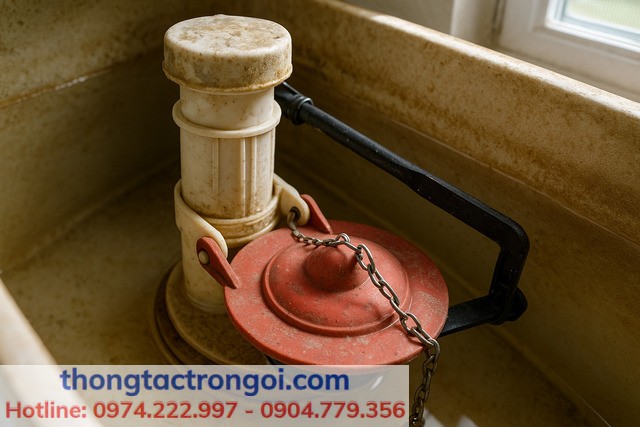 Van xả và gioăng cao su bên trong két nước bồn cầu bị cặn bám gây rò rỉ nước.